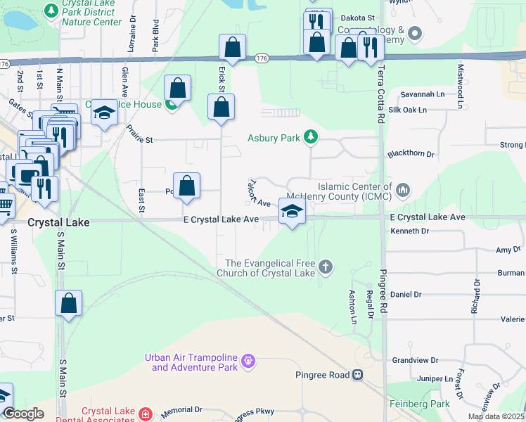 map of restaurants, bars, coffee shops, grocery stores, and more near 12 Talcott Avenue in Crystal Lake