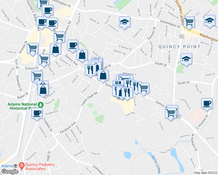 map of restaurants, bars, coffee shops, grocery stores, and more near 183 Quincy Avenue in Quincy