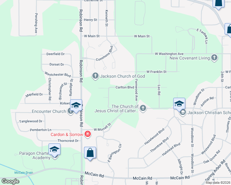 map of restaurants, bars, coffee shops, grocery stores, and more near 3353 Carlton Blvd in Jackson