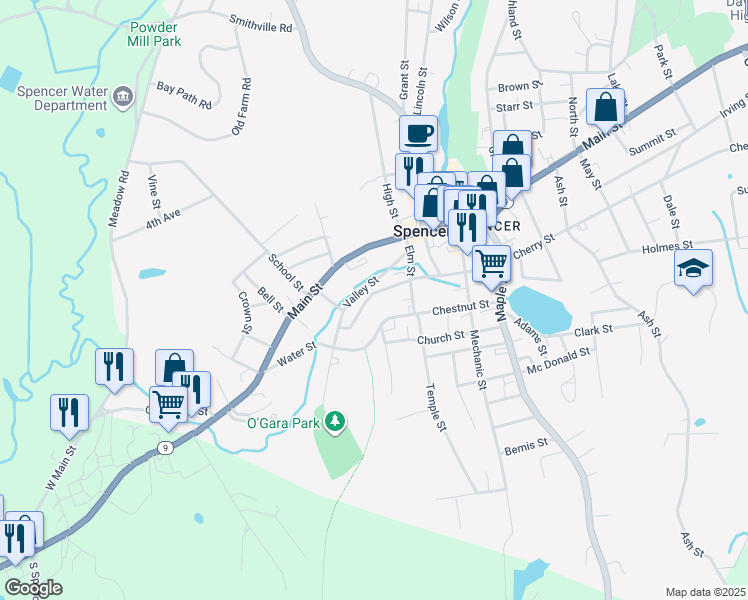 map of restaurants, bars, coffee shops, grocery stores, and more near 21 Pearl Street in Spencer