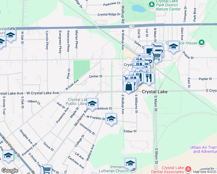 map of restaurants, bars, coffee shops, grocery stores, and more near 18 North Caroline Street in Crystal Lake