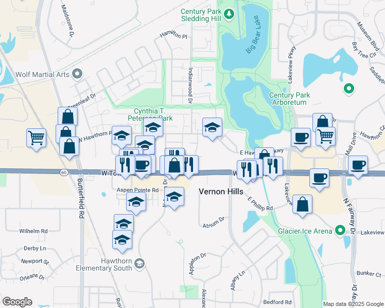 map of restaurants, bars, coffee shops, grocery stores, and more near 812 Gladstone Drive in Vernon Hills