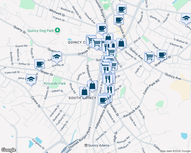 map of restaurants, bars, coffee shops, grocery stores, and more near 8 Jackson Street in Quincy
