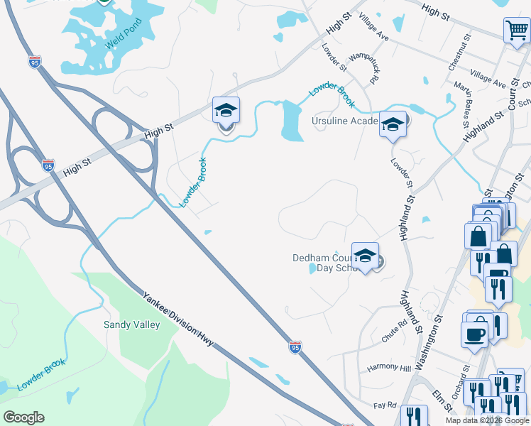 map of restaurants, bars, coffee shops, grocery stores, and more near 199 Stoney Lea Road in Dedham