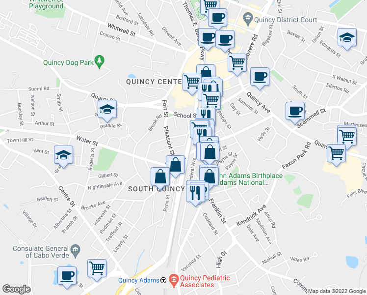 map of restaurants, bars, coffee shops, grocery stores, and more near 8 Jackson Street in Quincy