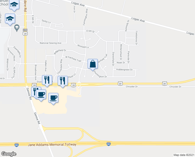 map of restaurants, bars, coffee shops, grocery stores, and more near 2717 Huntington Drive in Belvidere