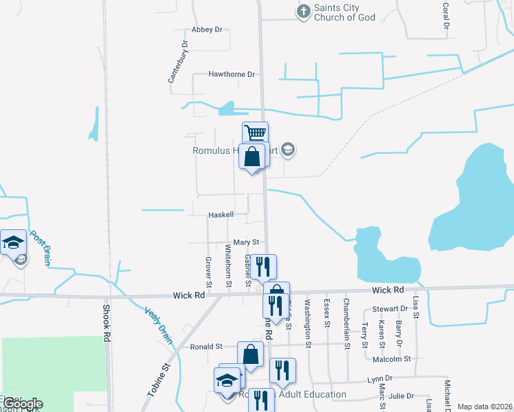 map of restaurants, bars, coffee shops, grocery stores, and more near 8770 Wayne Road in Romulus