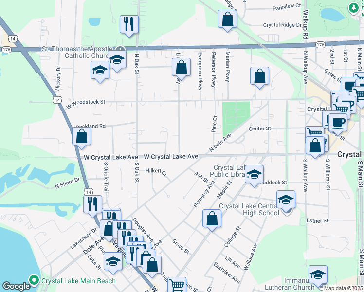 map of restaurants, bars, coffee shops, grocery stores, and more near 25 Lincoln Parkway in Crystal Lake