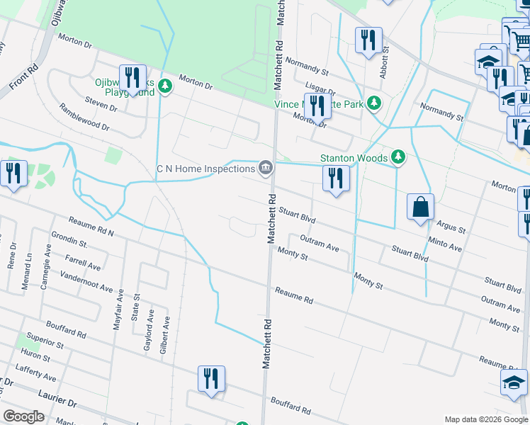 map of restaurants, bars, coffee shops, grocery stores, and more near 6310 Matchett Road in Windsor