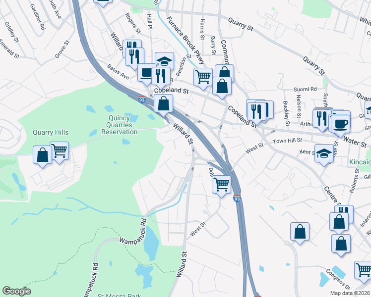 map of restaurants, bars, coffee shops, grocery stores, and more near 459 Willard Street in Quincy