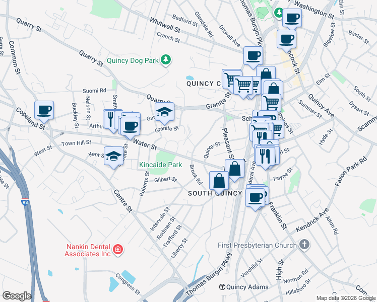 map of restaurants, bars, coffee shops, grocery stores, and more near 291 Water Street in Quincy