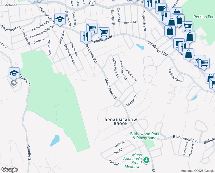 map of restaurants, bars, coffee shops, grocery stores, and more near 234 Massasoit Road in Worcester