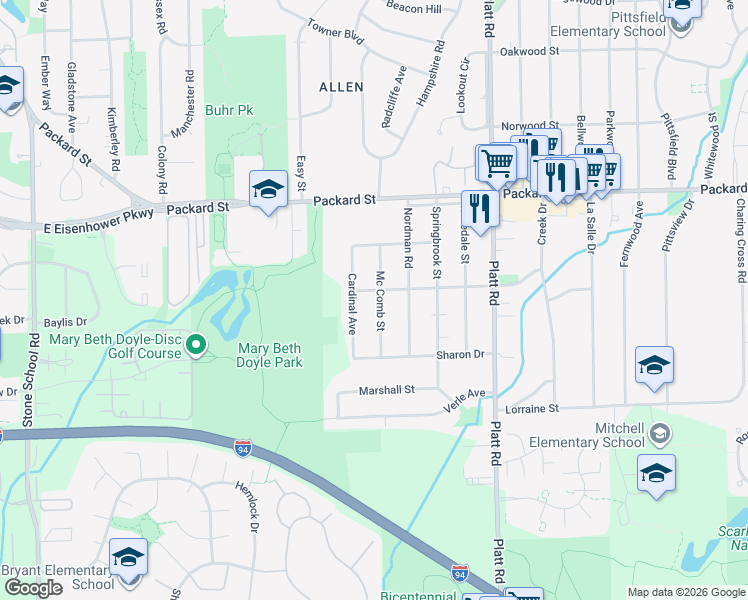 map of restaurants, bars, coffee shops, grocery stores, and more near 3241 Mc Comb Street in Ann Arbor
