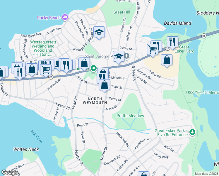 map of restaurants, bars, coffee shops, grocery stores, and more near 237 North Street in Weymouth