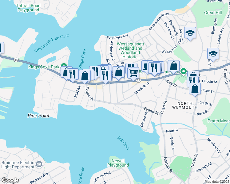 map of restaurants, bars, coffee shops, grocery stores, and more near 32 Rosalind Road in Weymouth