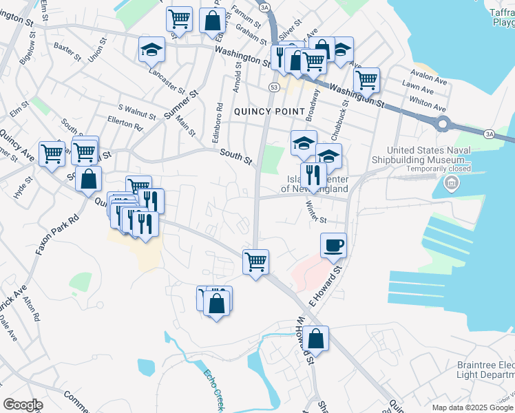 map of restaurants, bars, coffee shops, grocery stores, and more near 1035 Southern Artery in Quincy