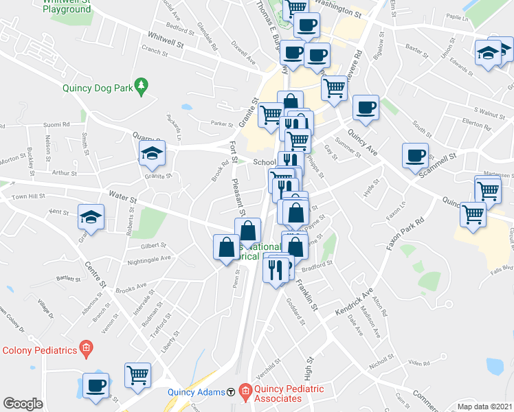 map of restaurants, bars, coffee shops, grocery stores, and more near 8 Jackson Street in Quincy