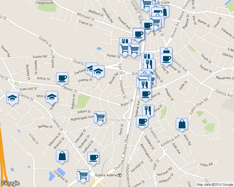 map of restaurants, bars, coffee shops, grocery stores, and more near 36 Jackson Street in Quincy