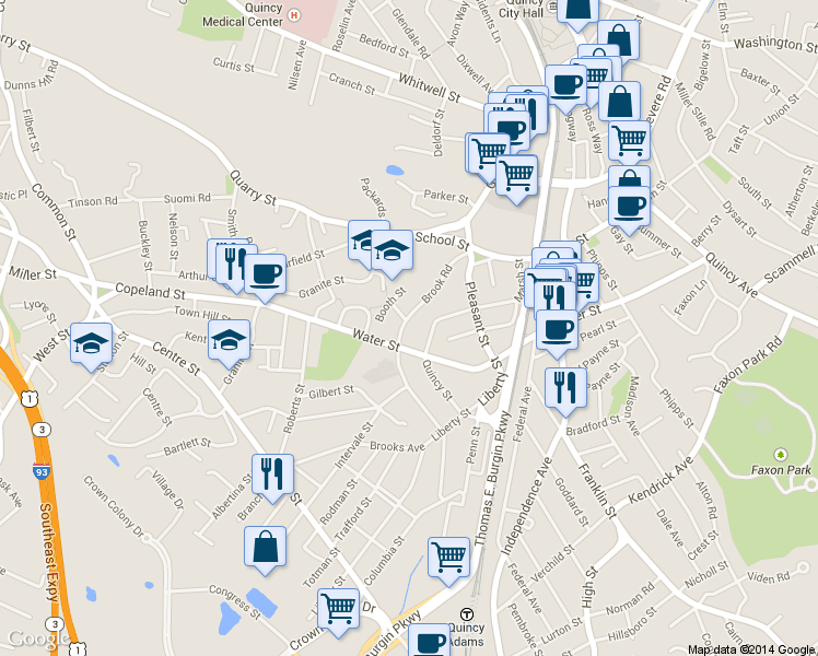 map of restaurants, bars, coffee shops, grocery stores, and more near 291 Water Street in Quincy