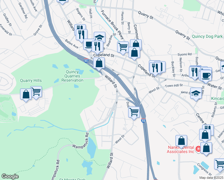 map of restaurants, bars, coffee shops, grocery stores, and more near 459 Willard Street in Quincy