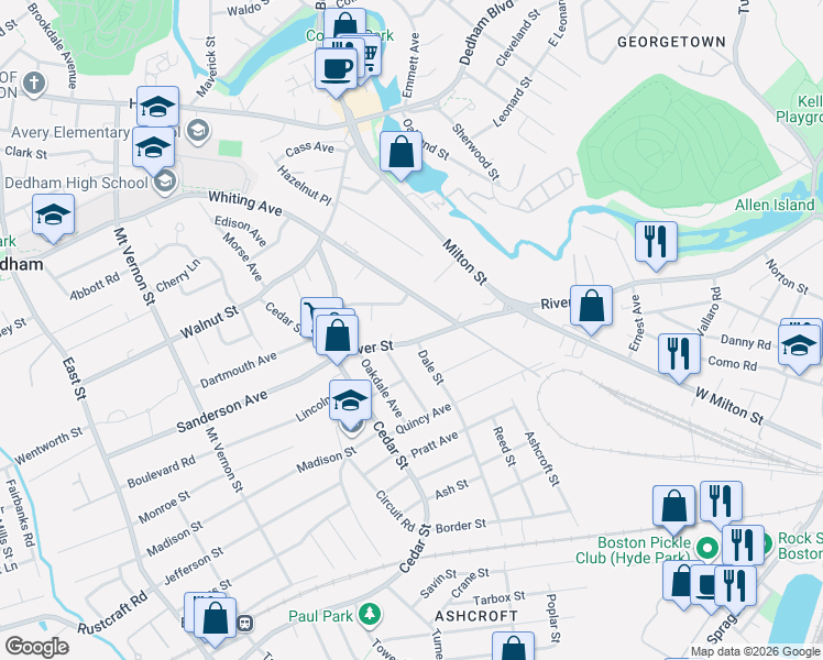 map of restaurants, bars, coffee shops, grocery stores, and more near 191 River Street in Dedham