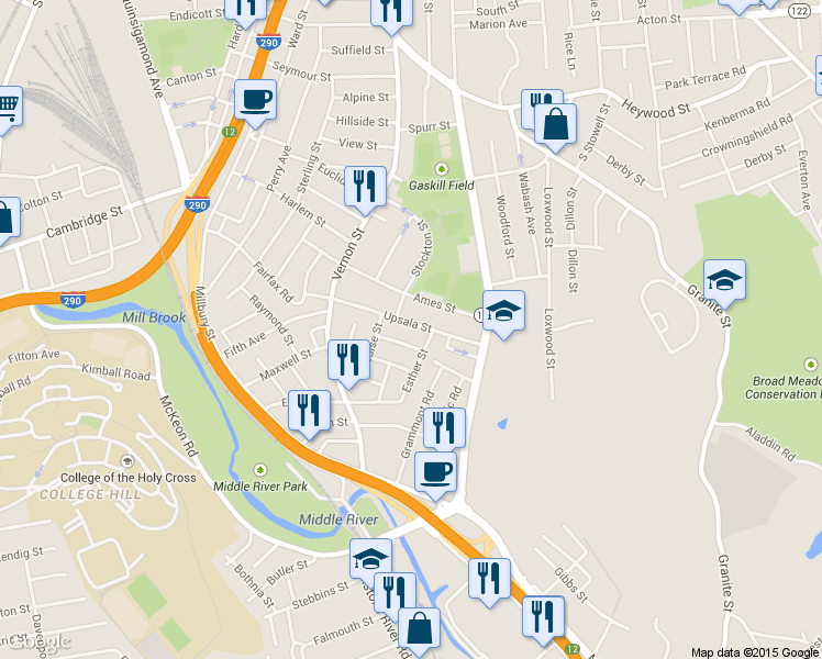 map of restaurants, bars, coffee shops, grocery stores, and more near 8 Lund Street in Worcester