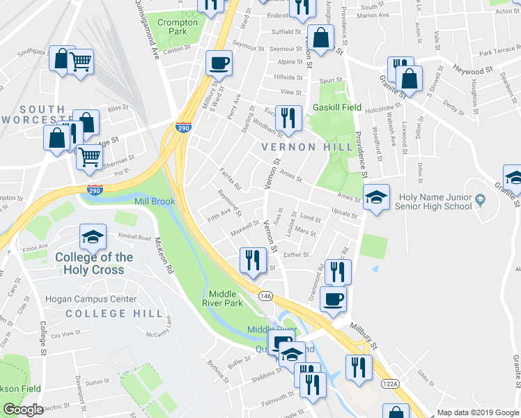 map of restaurants, bars, coffee shops, grocery stores, and more near 196 Vernon Street in Worcester