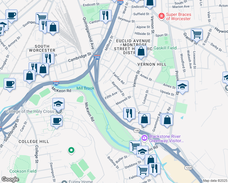map of restaurants, bars, coffee shops, grocery stores, and more near 11 Fifth Avenue in Worcester