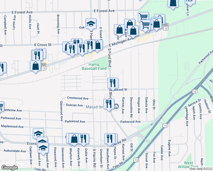 map of restaurants, bars, coffee shops, grocery stores, and more near 1451 Russell Street in Ypsilanti