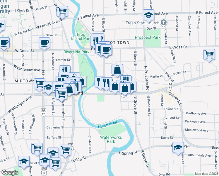 map of restaurants, bars, coffee shops, grocery stores, and more near 8 North River Street in Ypsilanti