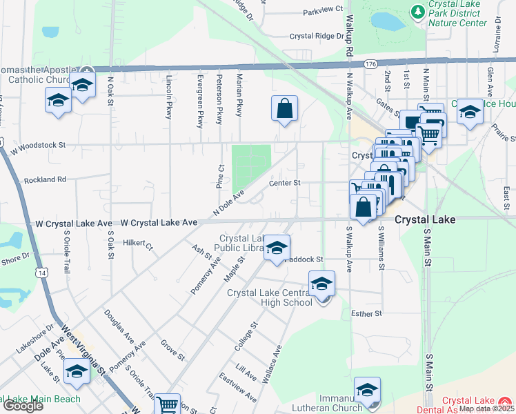 map of restaurants, bars, coffee shops, grocery stores, and more near 151 Center Street in Crystal Lake