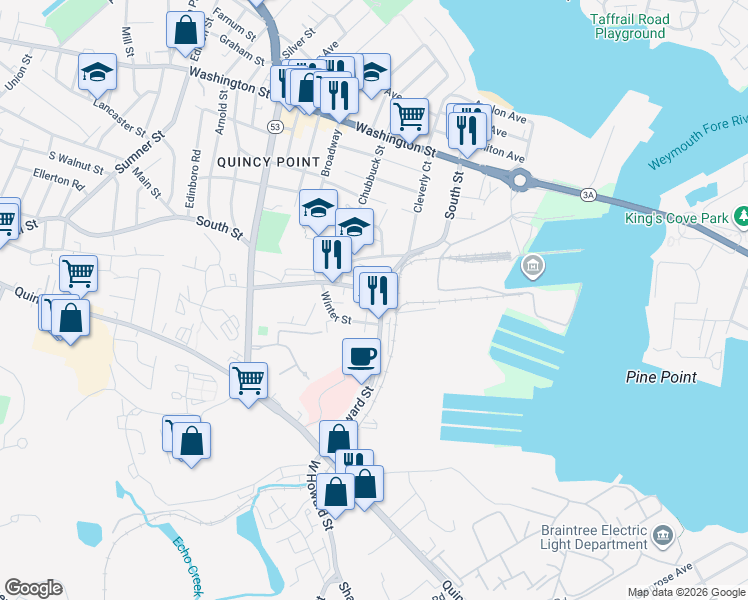 map of restaurants, bars, coffee shops, grocery stores, and more near 136-138 East Howard Street in Quincy