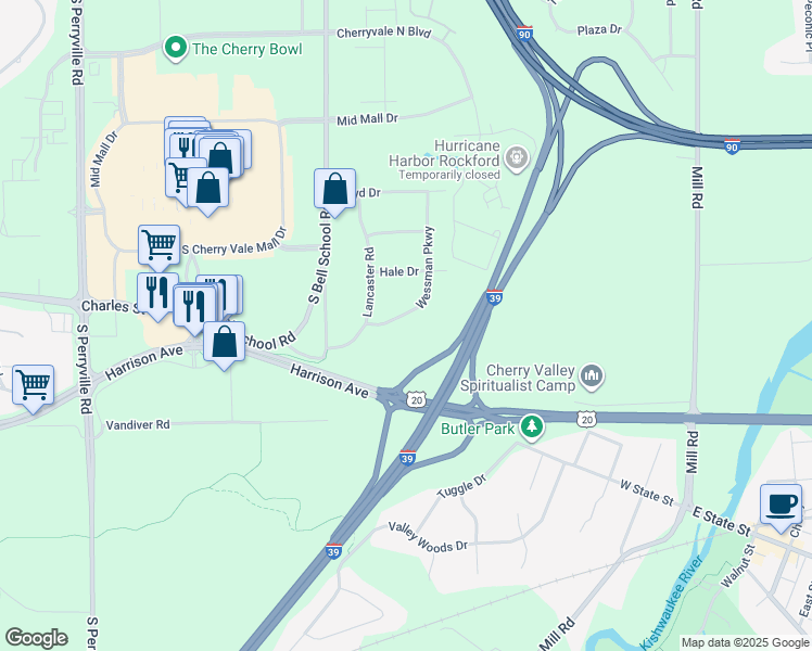 map of restaurants, bars, coffee shops, grocery stores, and more near 2246 Wessman Parkway in Cherry Valley