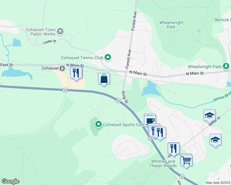 map of restaurants, bars, coffee shops, grocery stores, and more near 43 King St in Cohasset
