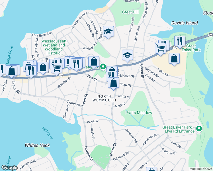 map of restaurants, bars, coffee shops, grocery stores, and more near 26 Sea Street in Weymouth