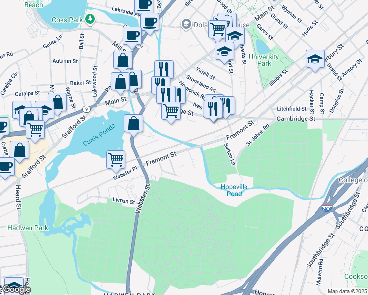 map of restaurants, bars, coffee shops, grocery stores, and more near 61 Fremont Street in Worcester