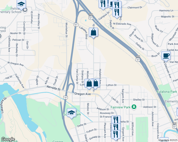 map of restaurants, bars, coffee shops, grocery stores, and more near 2305 Modoc Street in Klamath Falls