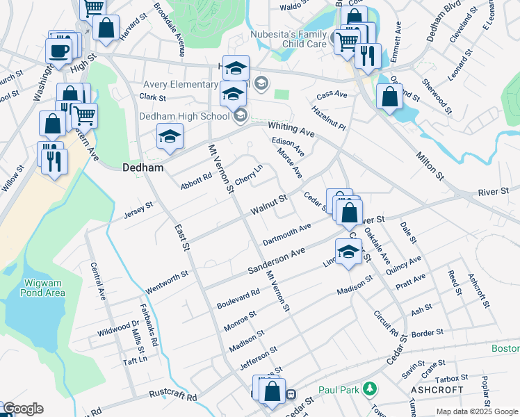 map of restaurants, bars, coffee shops, grocery stores, and more near 211 Walnut Street in Dedham