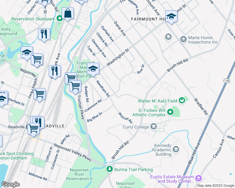 map of restaurants, bars, coffee shops, grocery stores, and more near 77 Cushing Road in Milton