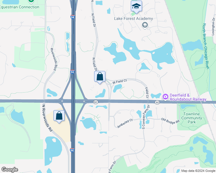 map of restaurants, bars, coffee shops, grocery stores, and more near Field Drive in Lake Forest