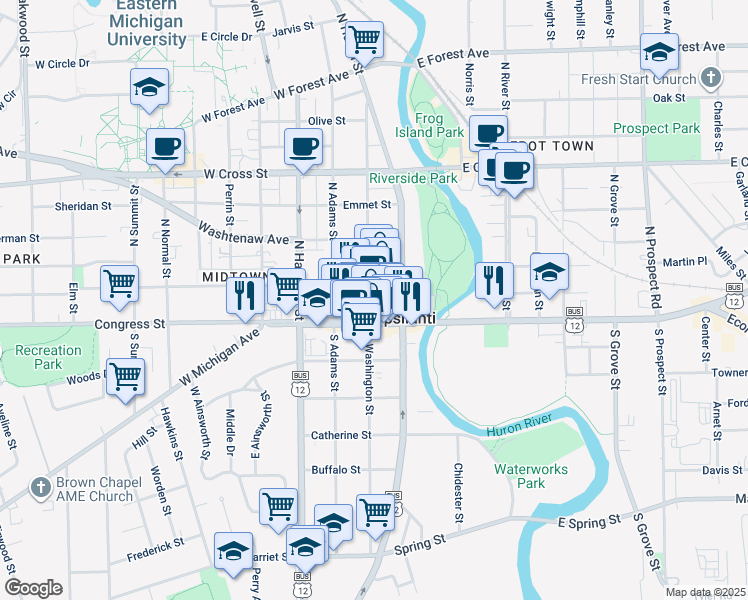 map of restaurants, bars, coffee shops, grocery stores, and more near 10 North Washington Street in Ypsilanti
