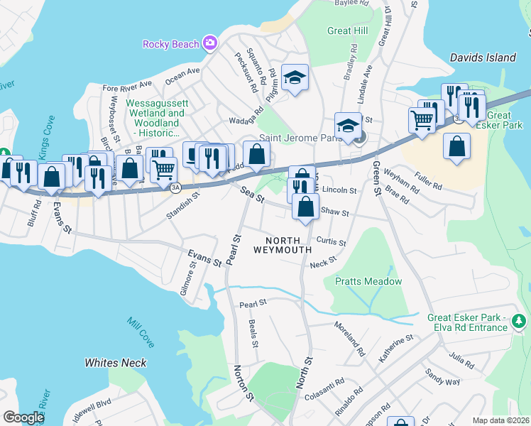map of restaurants, bars, coffee shops, grocery stores, and more near 18 Crescent Road in Weymouth
