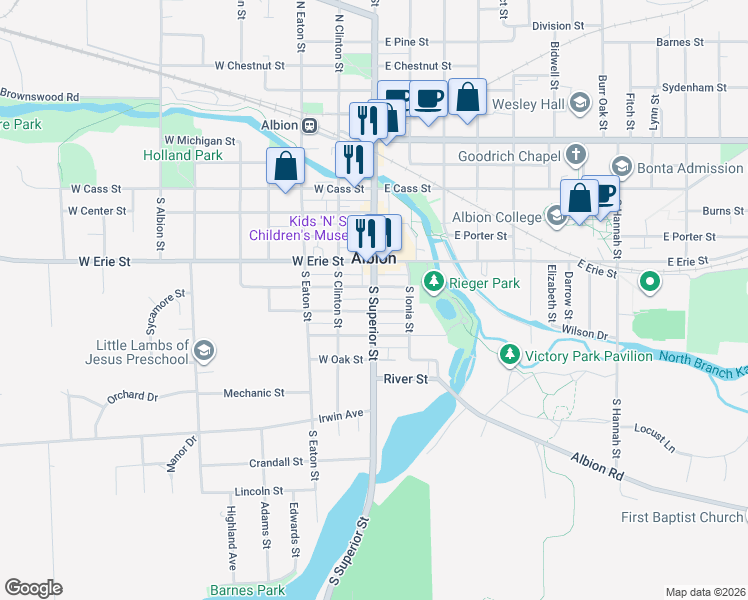 map of restaurants, bars, coffee shops, grocery stores, and more near 509 South Superior Street in Albion