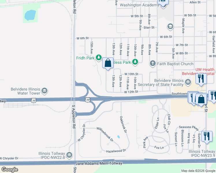 map of restaurants, bars, coffee shops, grocery stores, and more near 1829 14th Avenue in Belvidere