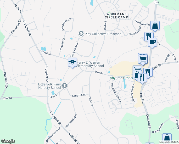 map of restaurants, bars, coffee shops, grocery stores, and more near 183 Eliot Street in Ashland