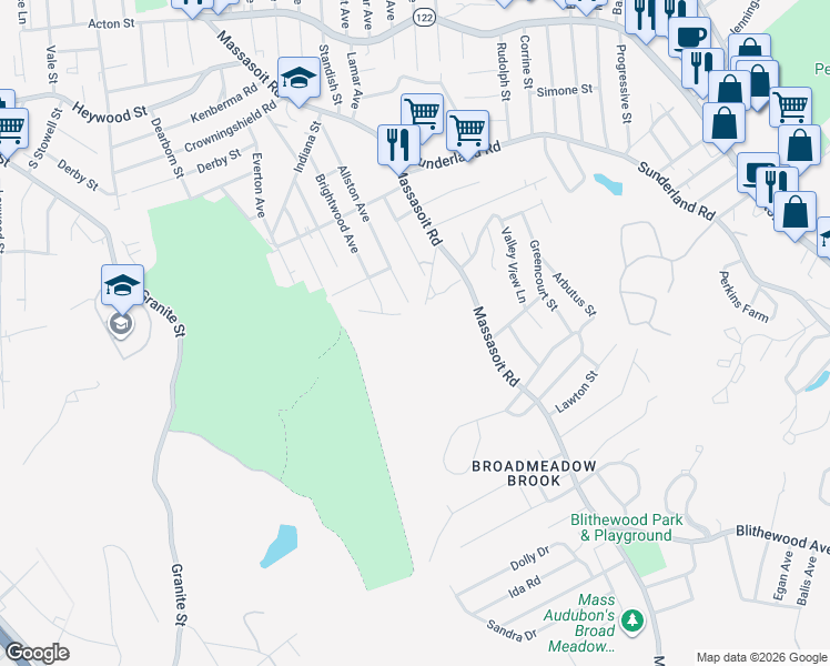 map of restaurants, bars, coffee shops, grocery stores, and more near 212 Massasoit Road in Worcester