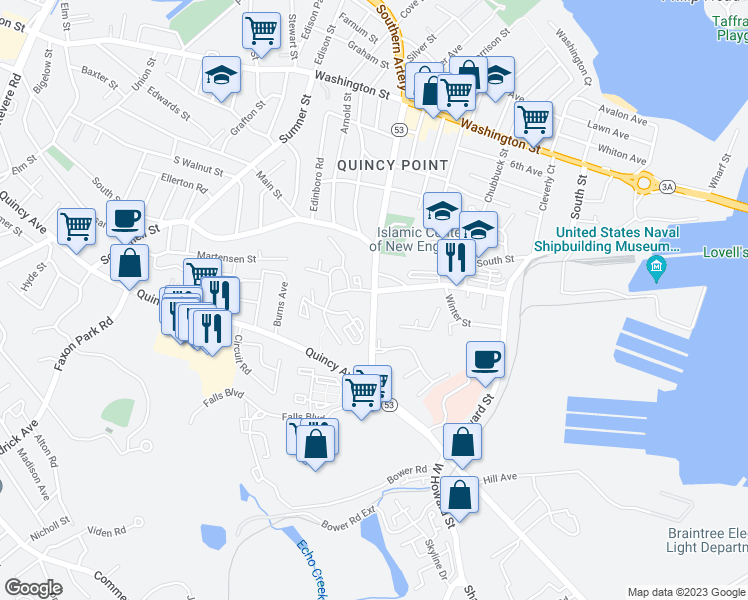 map of restaurants, bars, coffee shops, grocery stores, and more near 1025 Southern Artery in Quincy