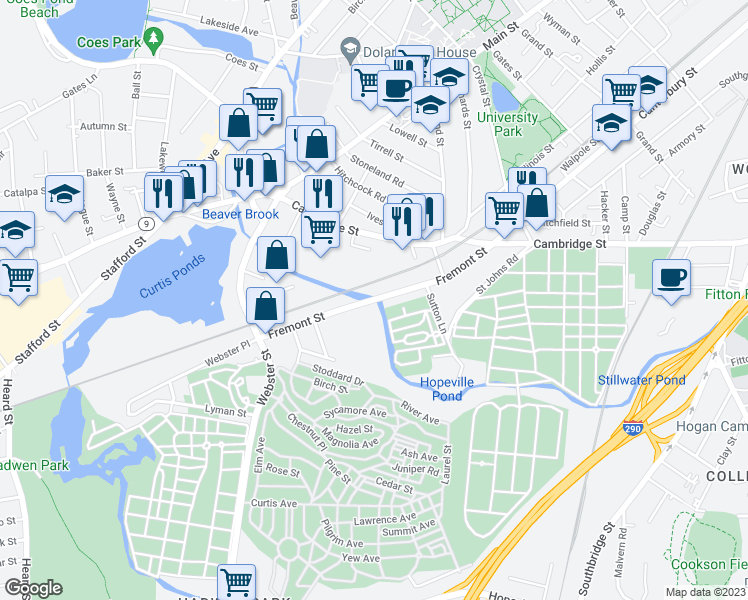 map of restaurants, bars, coffee shops, grocery stores, and more near 84 Fremont Street in Worcester