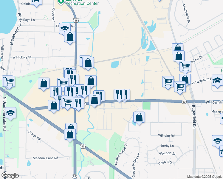 map of restaurants, bars, coffee shops, grocery stores, and more near 1 Medline Place in Mundelein