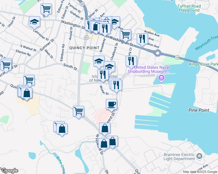 map of restaurants, bars, coffee shops, grocery stores, and more near 10 Winter Street in Quincy